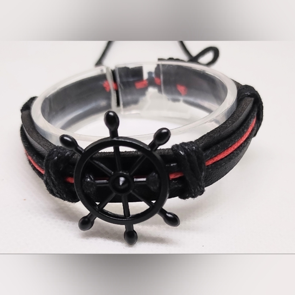 Men's Bracelet Leather Nautical Red Black New f29